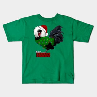 Black Polish Rooster In An Ugly Christmas Sweater And Santa Hat With Gift Kids T-Shirt